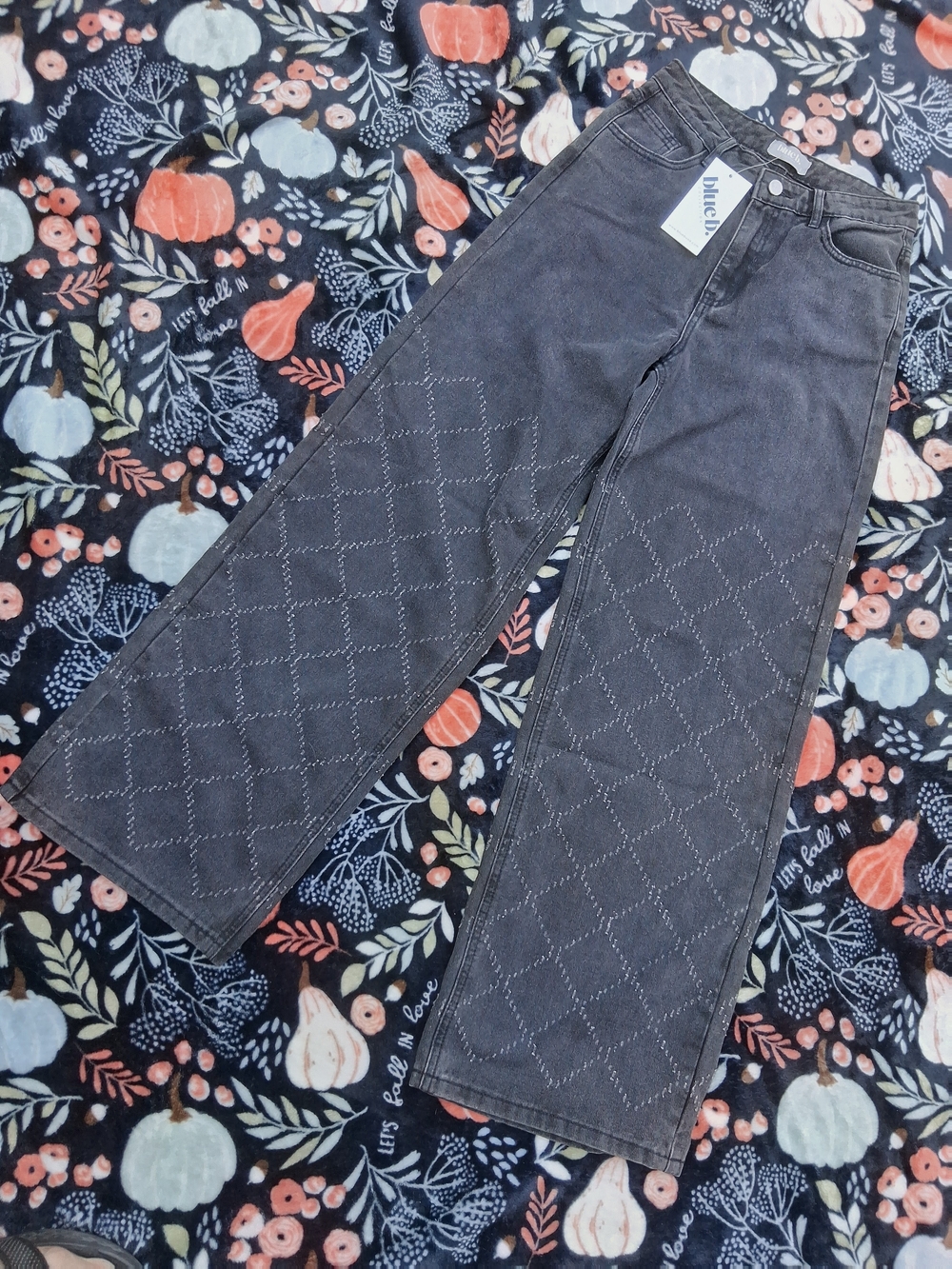 Blue Bird Quilted Wide-Leg Jeans in Charcoal Gray